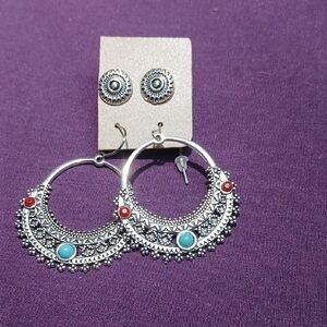 Silver and Turquoise Hoop Earrings Set